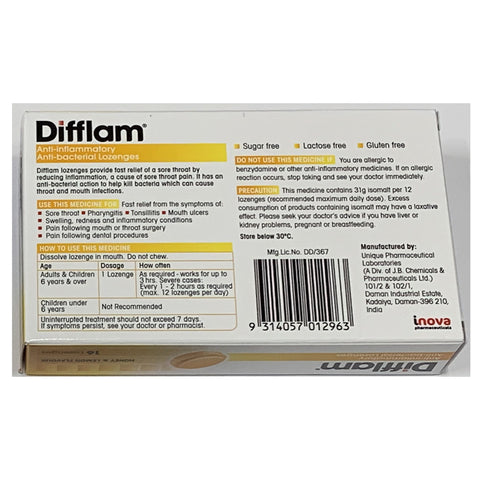 Difflam Anti inflammatory And Anti bacterial Lozenges 16 tablets- Honey And Lemon