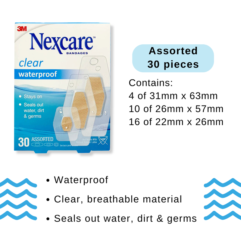 3M Nexcare Clear Waterproof Bandages Assorted Sizes 30s