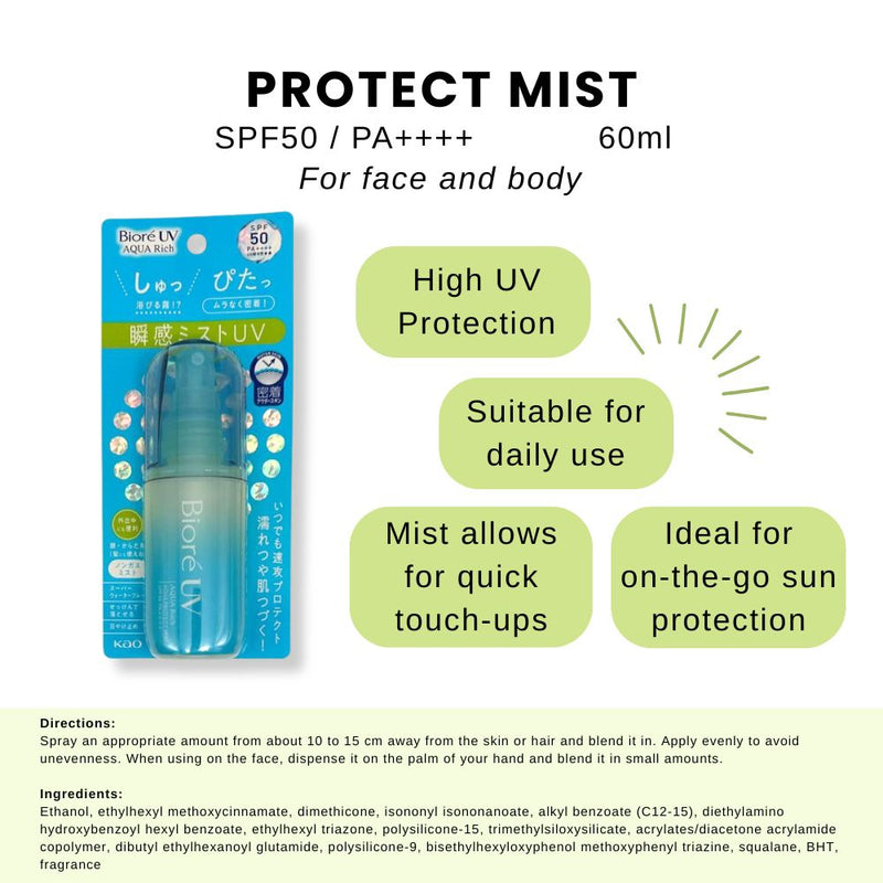 Biore UV Aqua Protect Mist SPF 50+ Sunblock Spray 60ml