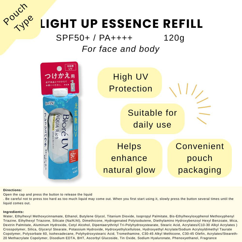 Biore UV Aqua Rich Light Up Essence SPF 50+ Sunblock Pouch Type Refill 120g