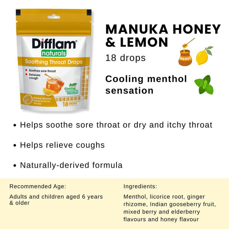 Difflam Naturals Soothing Drops Manuka Honey & Lemon 18s